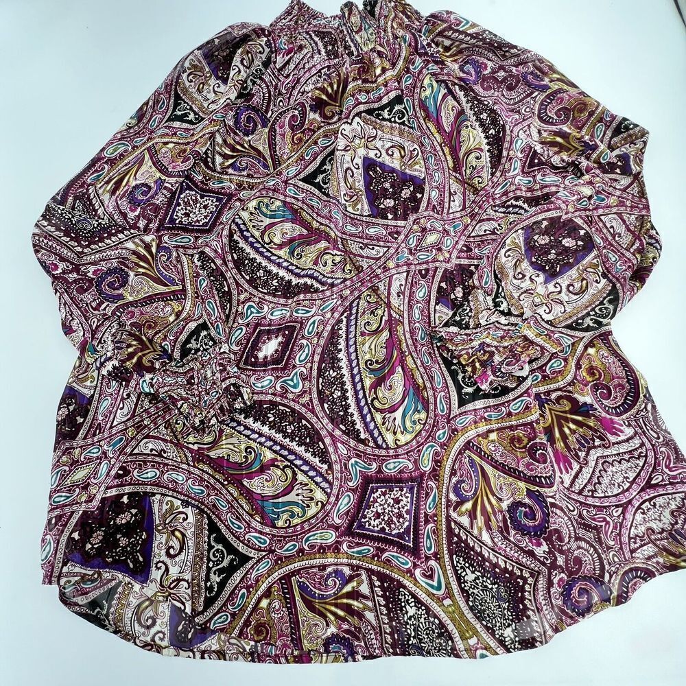 Chicos 3P/XLP blouse tunic purple gold teal white paisley pleated keyhole New